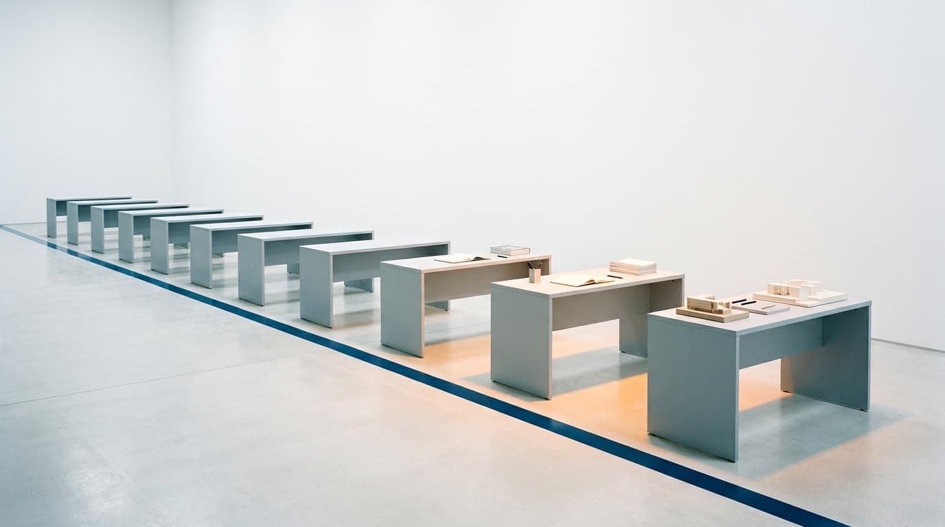 A long row of ten identical desks receding across a bright white room. The seven furthest are bare and unlit in cool grey; the three nearest are lit by a warm pool of light and in use, with papers and models on them. A dark blue line is inlaid into the floor running the length of the row.