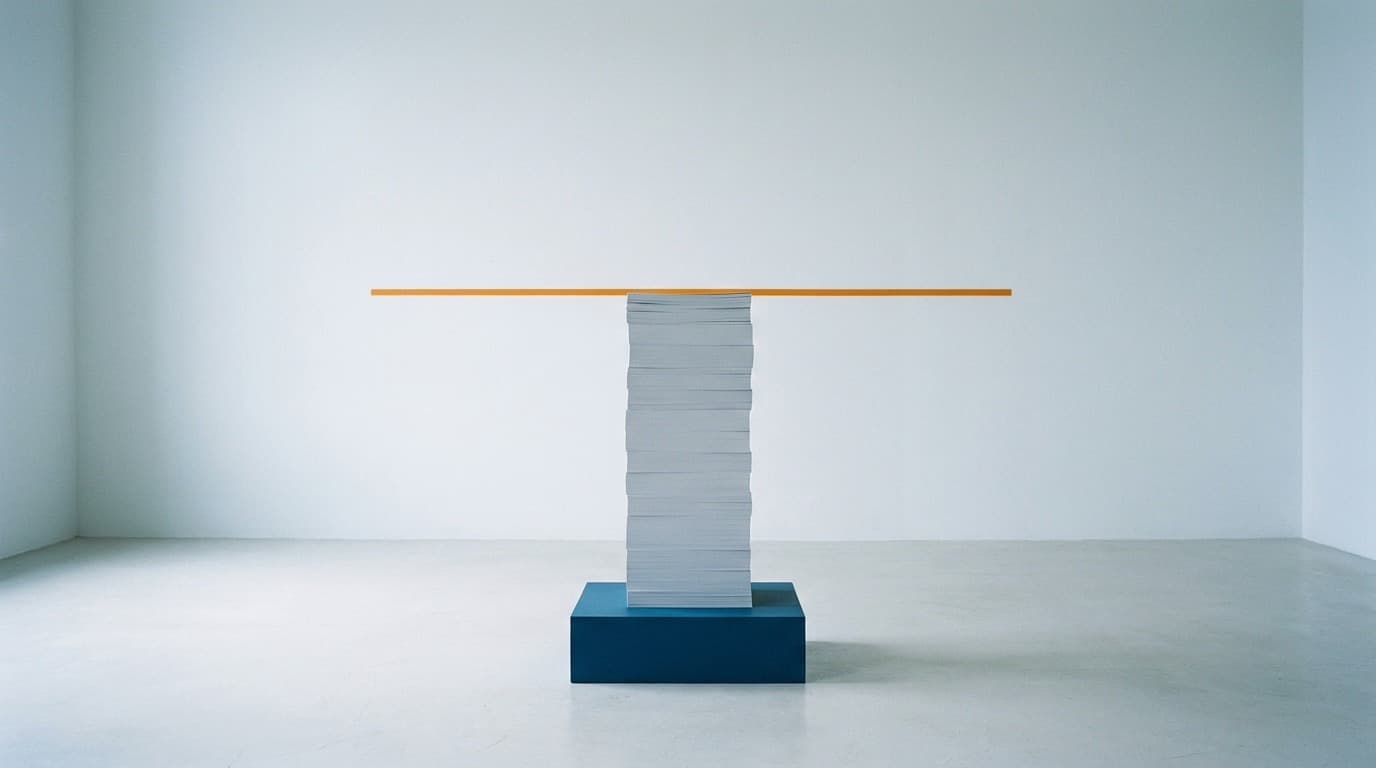 A tall stack of pale grey paper on a dark blue plinth in an empty white gallery. A thin orange line is painted across the wall behind it, level with the top of the stack.